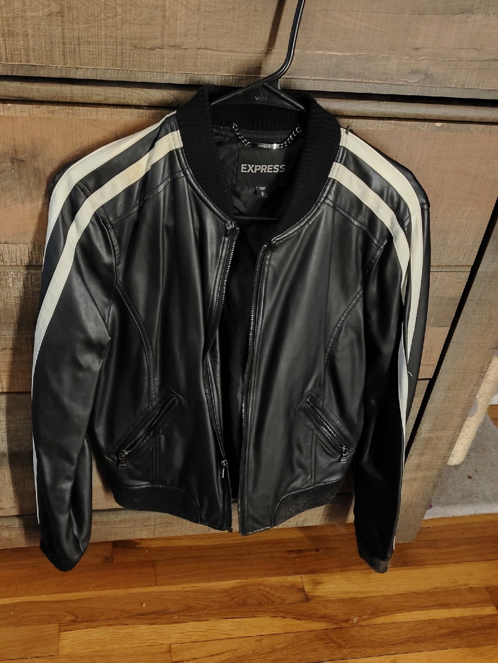 Express Black Leather Bomber Jacket with White Shoulder Stripes